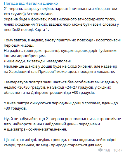 Прогноз погоды в Украине на 21 июня. Скриншот Телеграм-канала Диденко