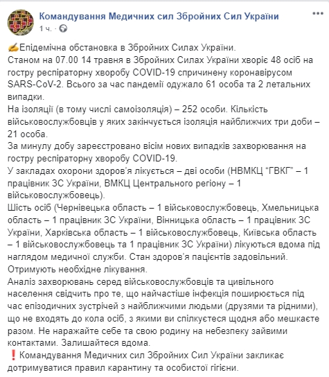 Данные на 14 мая по ВСУ. Facebook/ Командование Медицинских сил Вооруженных Сил Украины 