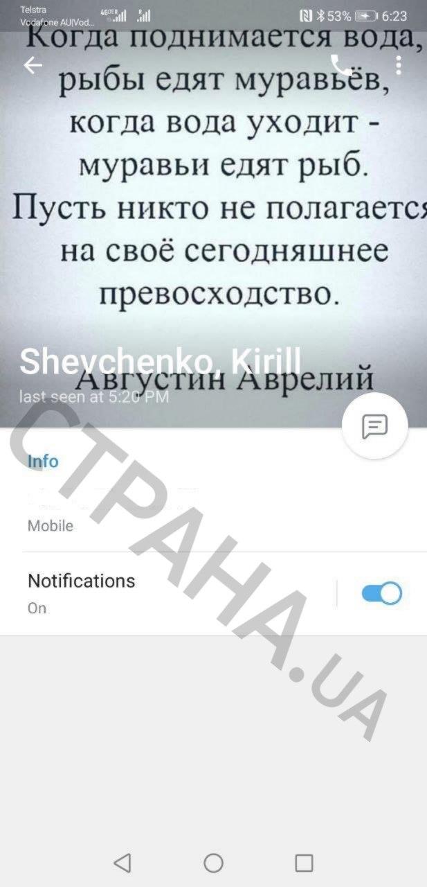 На аватарке Кирилла Шевченко написана цитата Аврелия. Скриншот: Telegram/ Кирилл Шевченко
