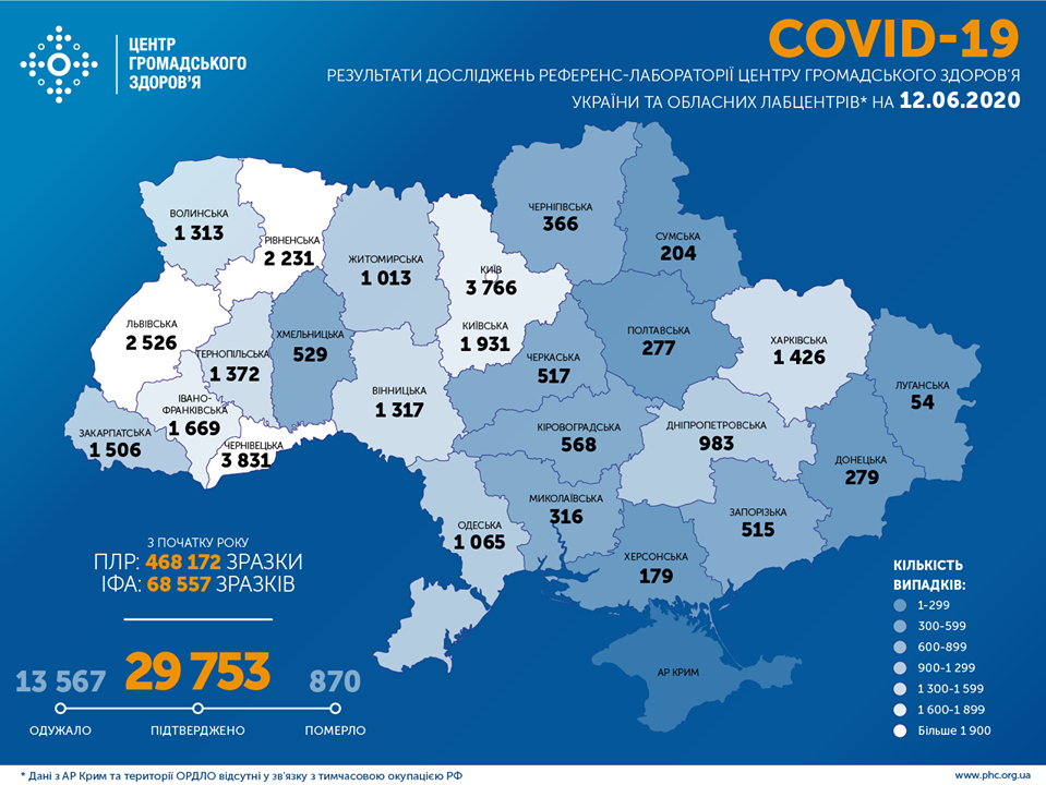 Опубликована карта распространения коронавируса в Украине по областям на 12 июня