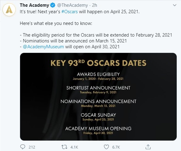Церемонию вручения "Оскара" отложили еще на два месяца