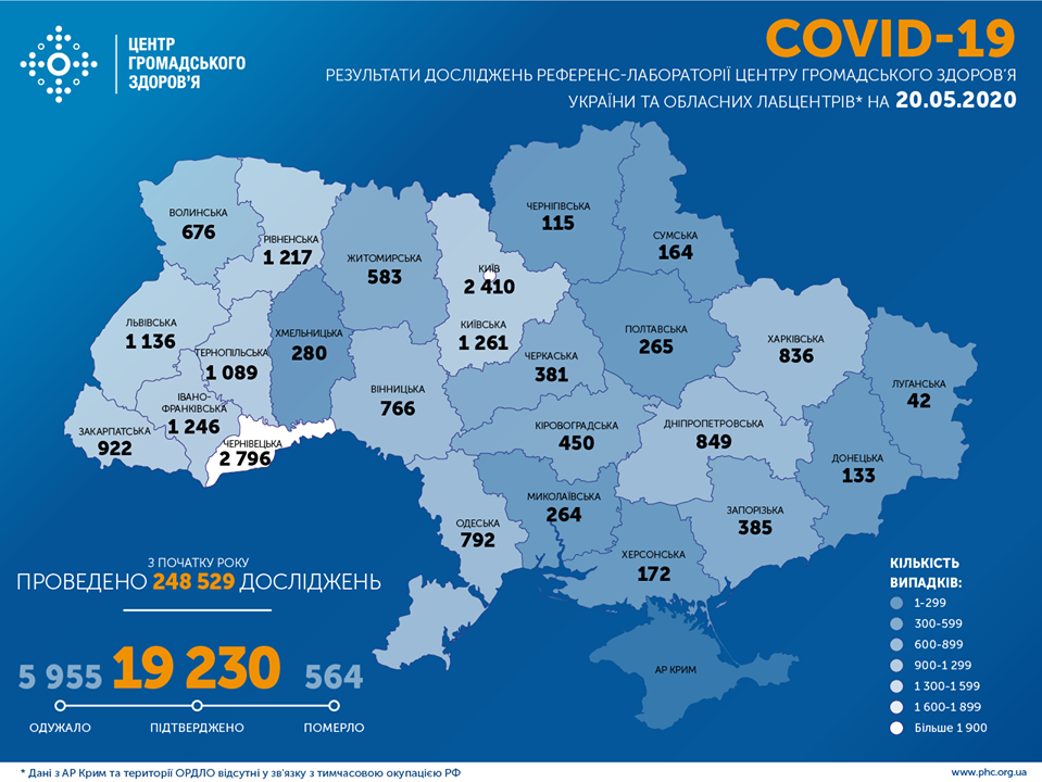 Опубликована карта распространения коронавируса в Украине по областям на 20 мая