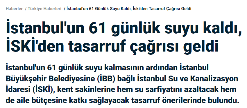 У Стамбулі залишилося запасів води на 61 день