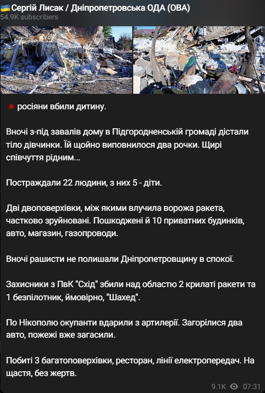Последствия ракетного удара в Днепропетровской области