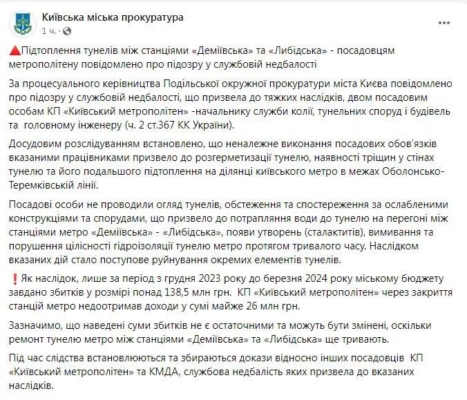 Снимок сообщения на facebook.com/kyiv.gp.gov.ua/